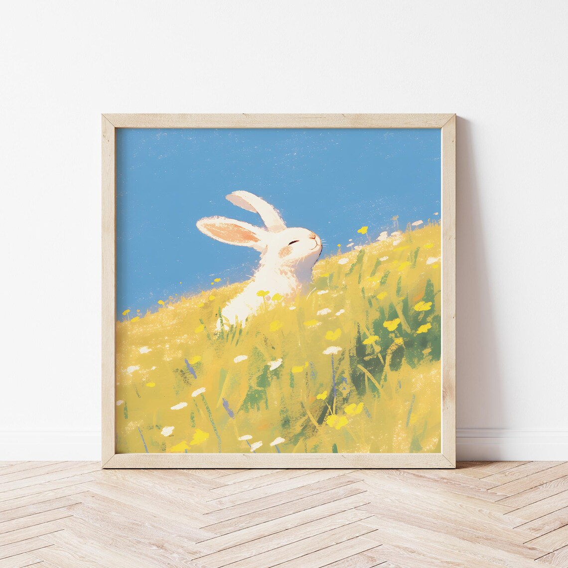 Cute Rabbit In Sunny Wildflower Meadow Whimsical Bunny Nursery Wall Art