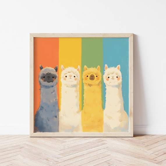 Four Cute Alpacas Against Rainbow Striped Background Nursery Wall Art