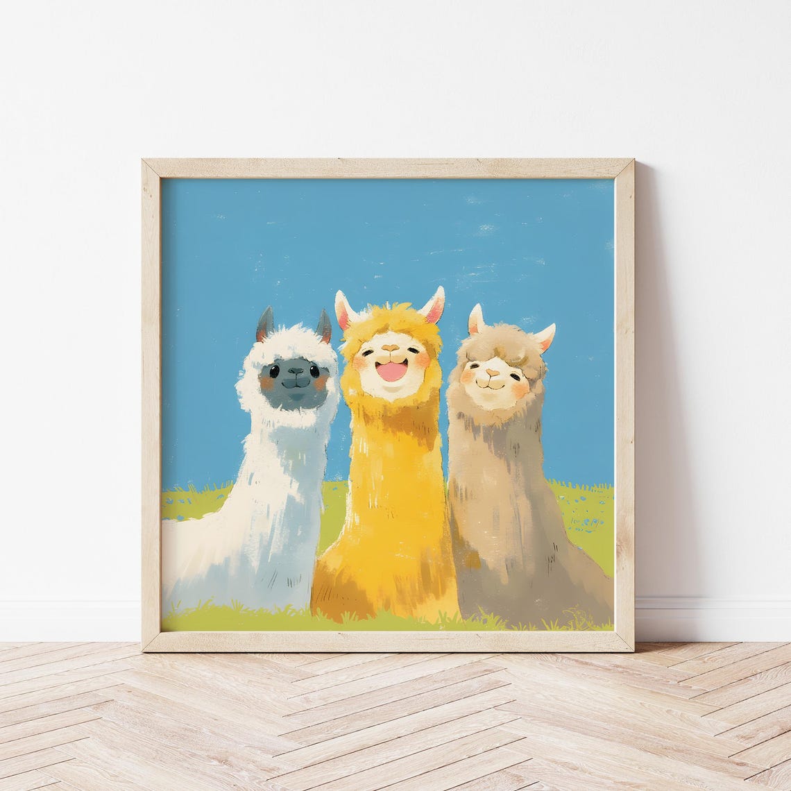 Three Smiling Alpacas In A Sunny Meadow Cute Nursery Wall Art
