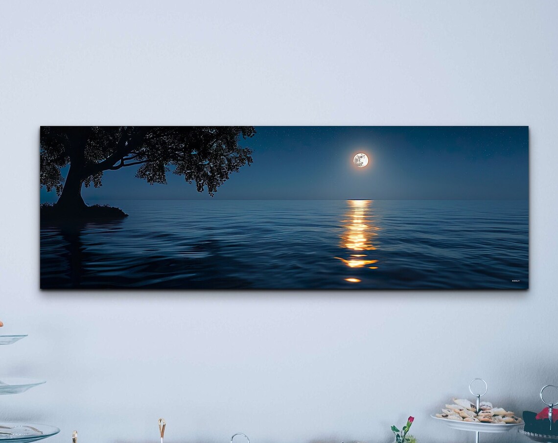 Full Moon Over the Ocean With Golden Water Reflection Panoramic Wall Art
