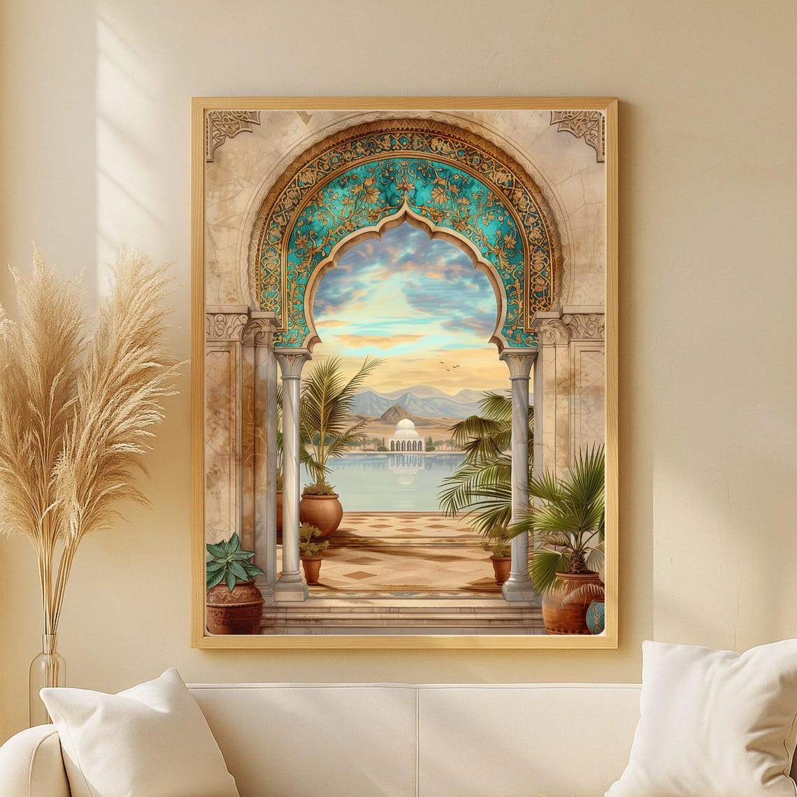 Moroccan Riad Arch Over a Calm Lake with Palm Trees Art Poster