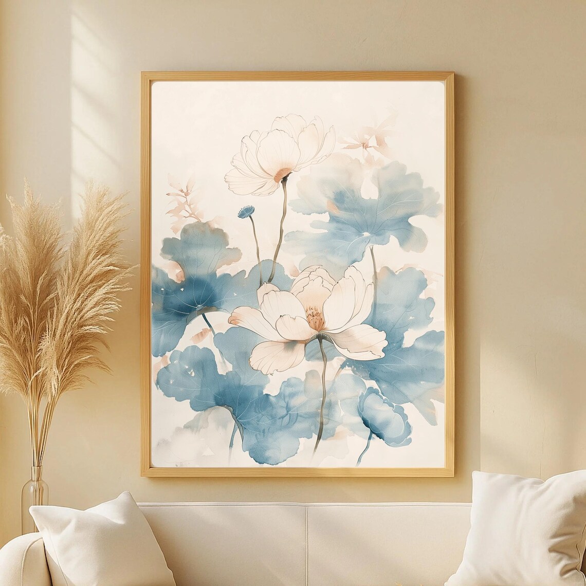 Blue Watercolor Japandi Zen Floral Art Print