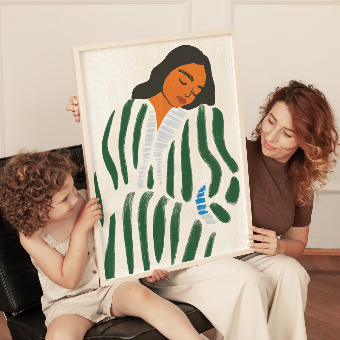 Restful Woman in Green Striped Robe Modern Minimalist Bedroom Poster - Image 3