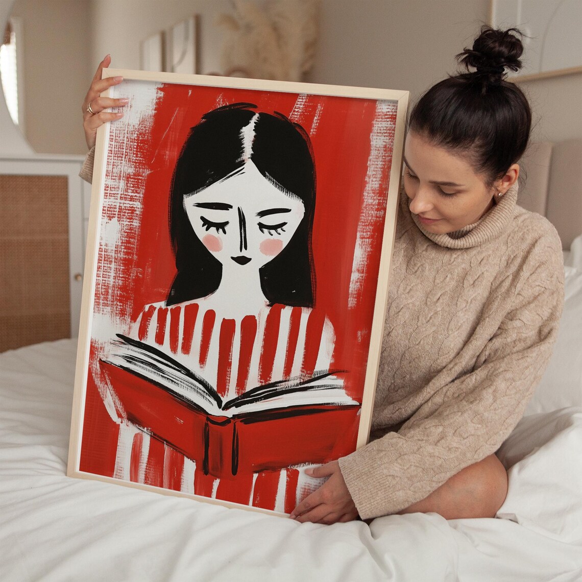 Woman Reading With Red Book, Minimalist Art Print - Image 3