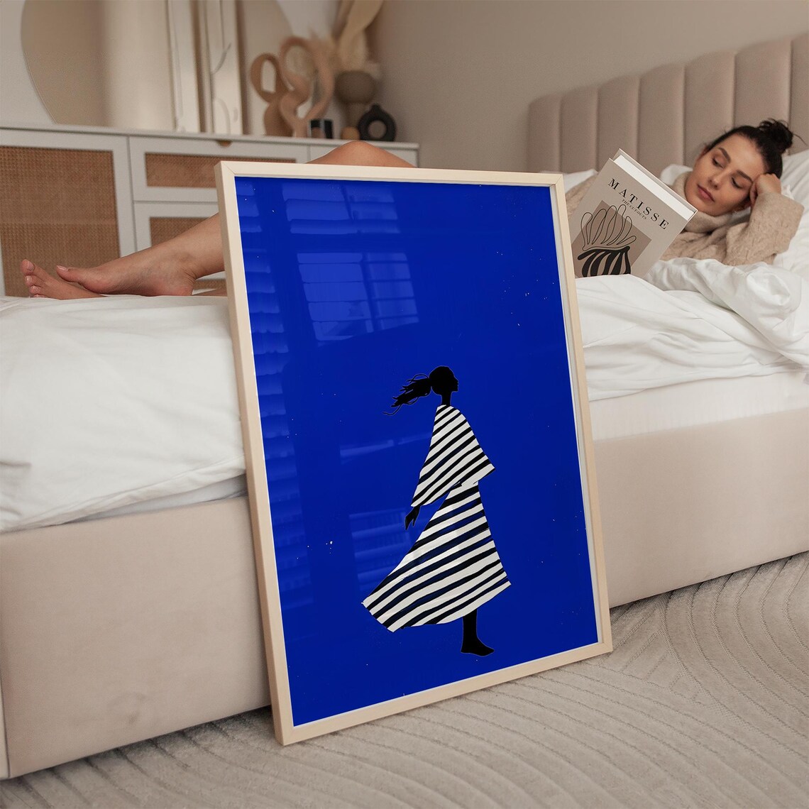 Elegant Striped Dress Woman Silhouette on Bold Royal Blue Poster - Image 3