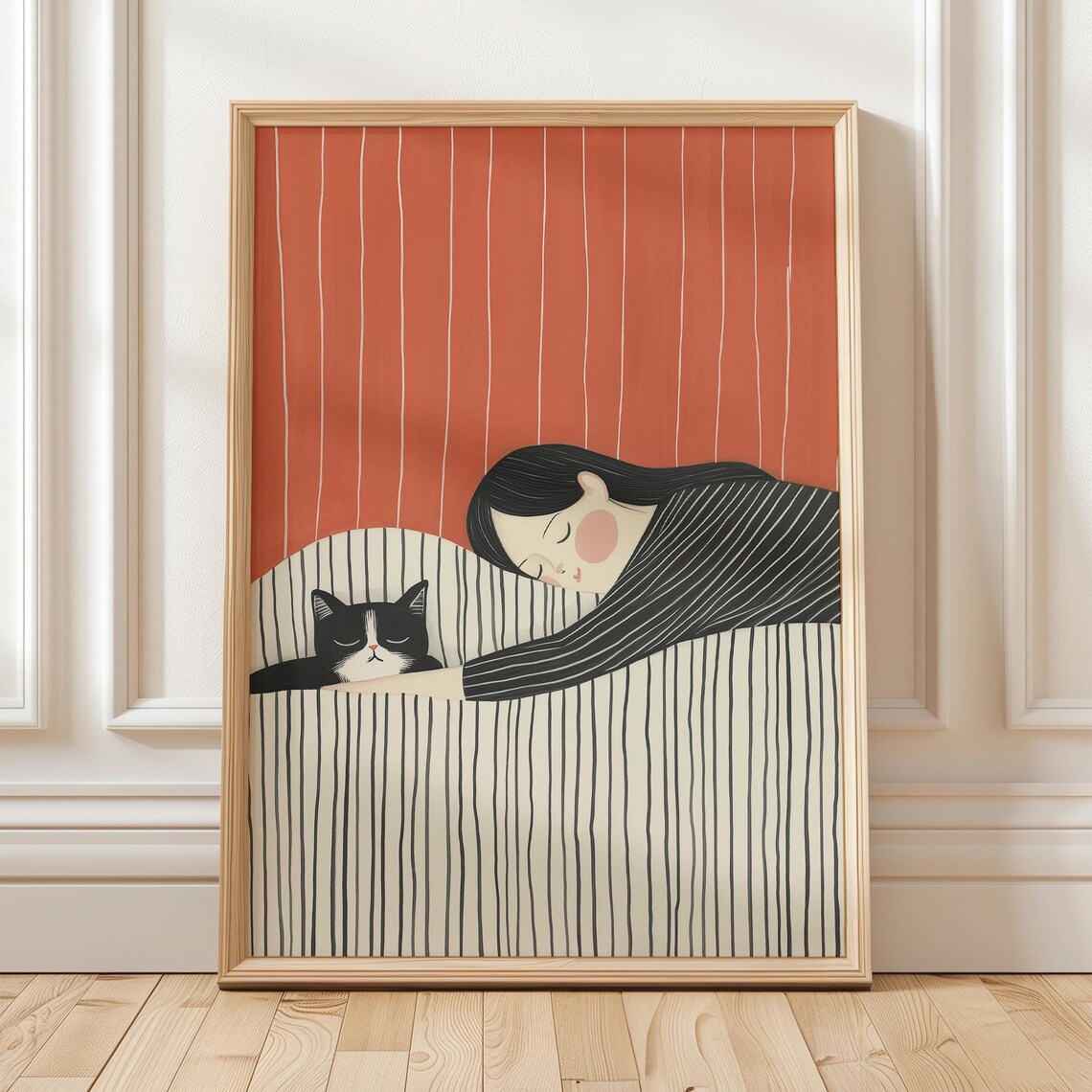 Woman Sleeping With Black Cat Coral Striped Bedroom Wall Poster