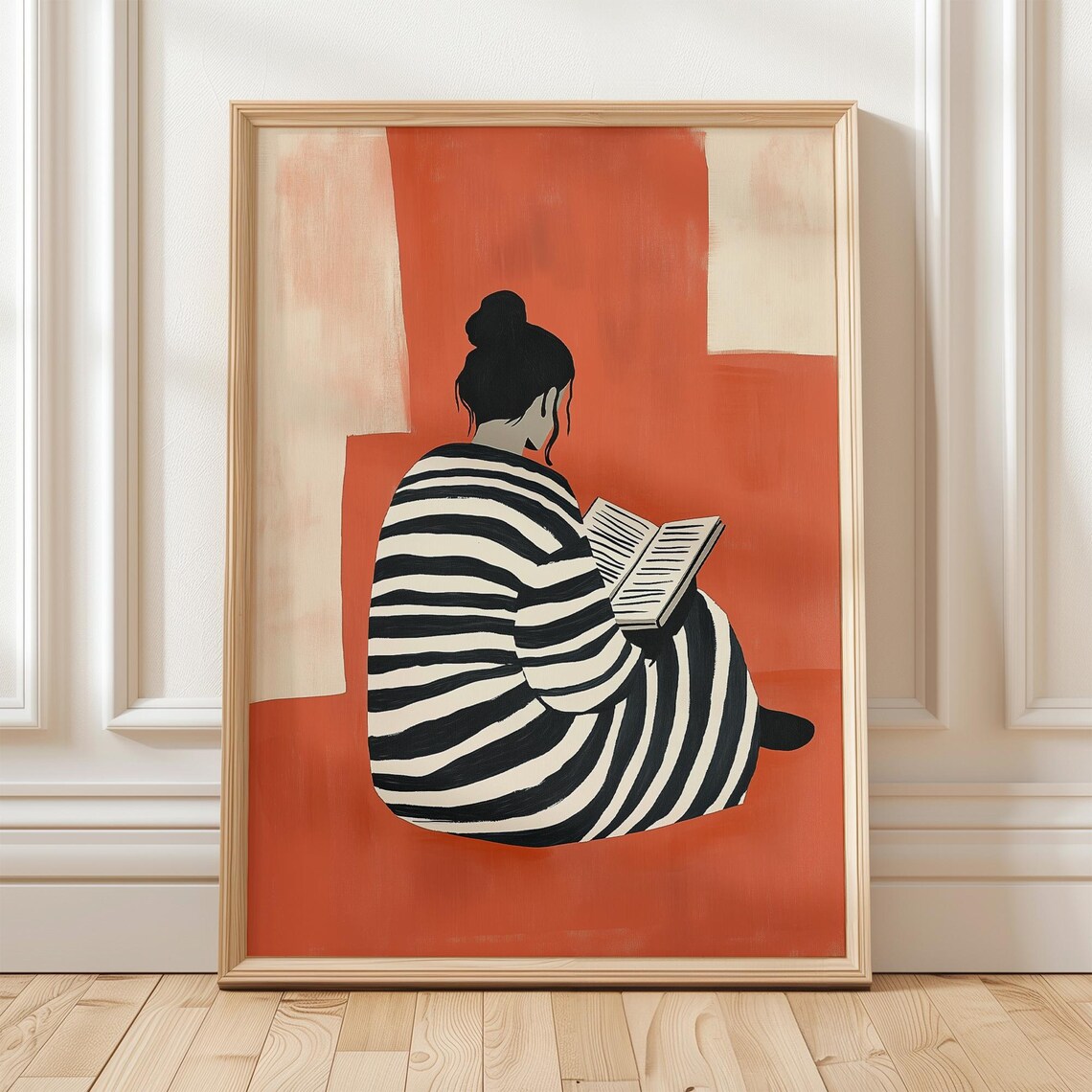 Woman in Striped Robe Reading Against Terracotta Minimalist Art Poster