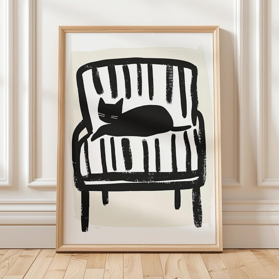 Black Cat On Chair, Minimalist Artwork