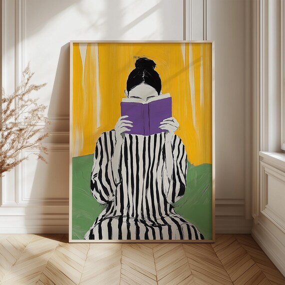 Woman in Striped Dress Reading Purple Book Sunny Yellow Poster