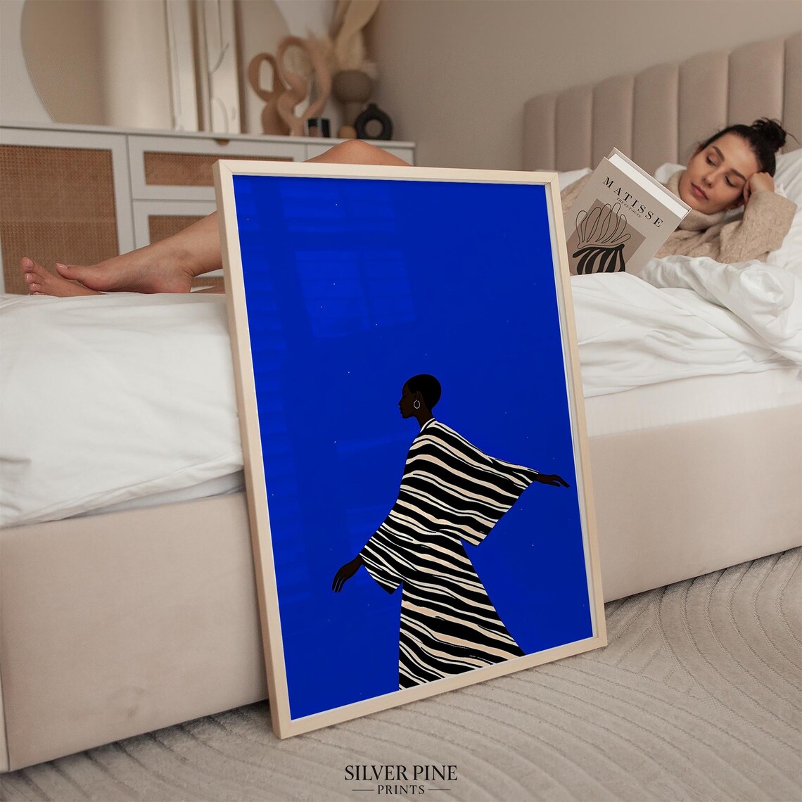 Silhouette Woman in Striped Kaftan on Cobalt Blue Starry Night Poster - Image 5