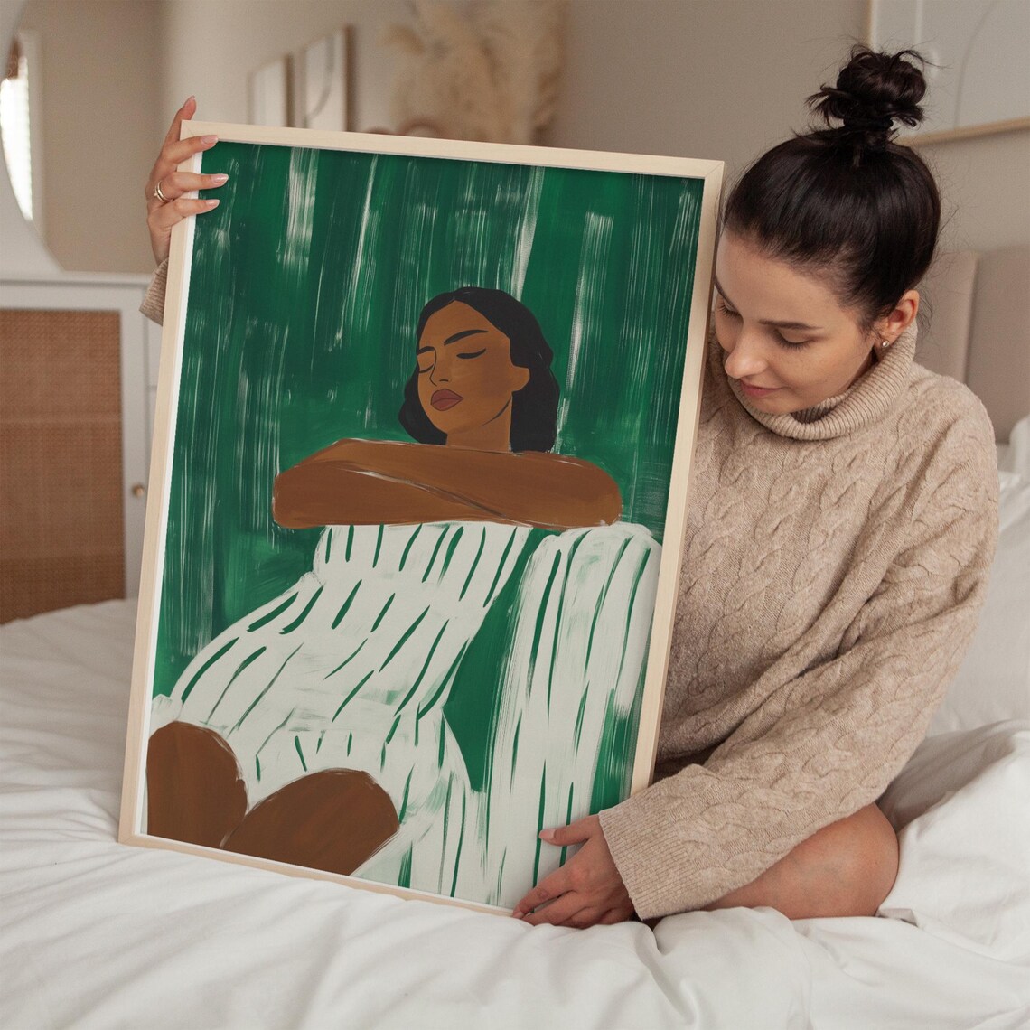 Resting Woman Portrait in Green Stripes Boho Minimalist Art Print - Image 5