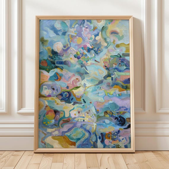 Dreamy Abstract Painting With Cool Pastel Colors And Whimsical Shapes Modern Organic Fine Art Print Full Of Flowing Texture Depth