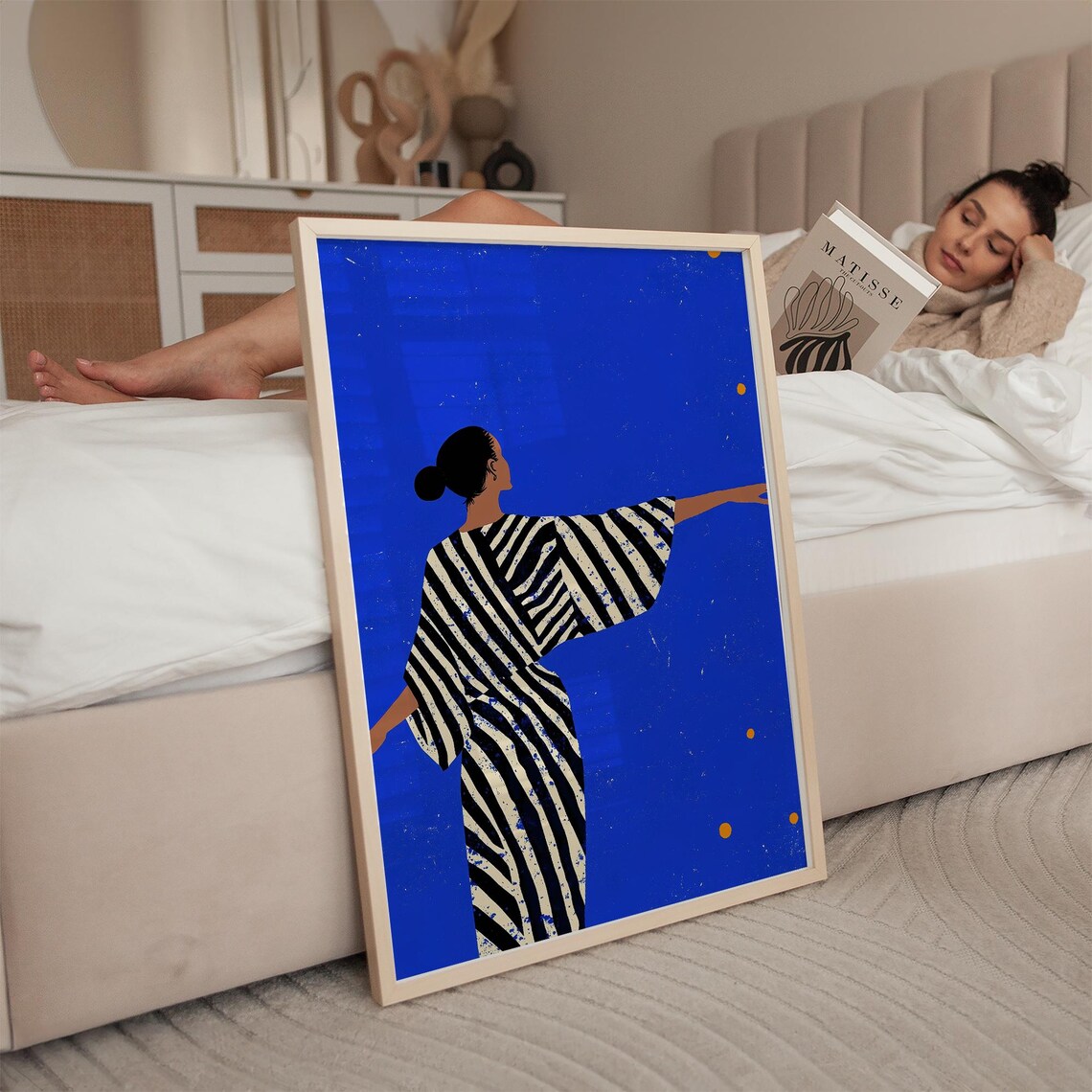Woman in Striped Kimono Dress on Vivid Blue Night Sky Poster - Image 4