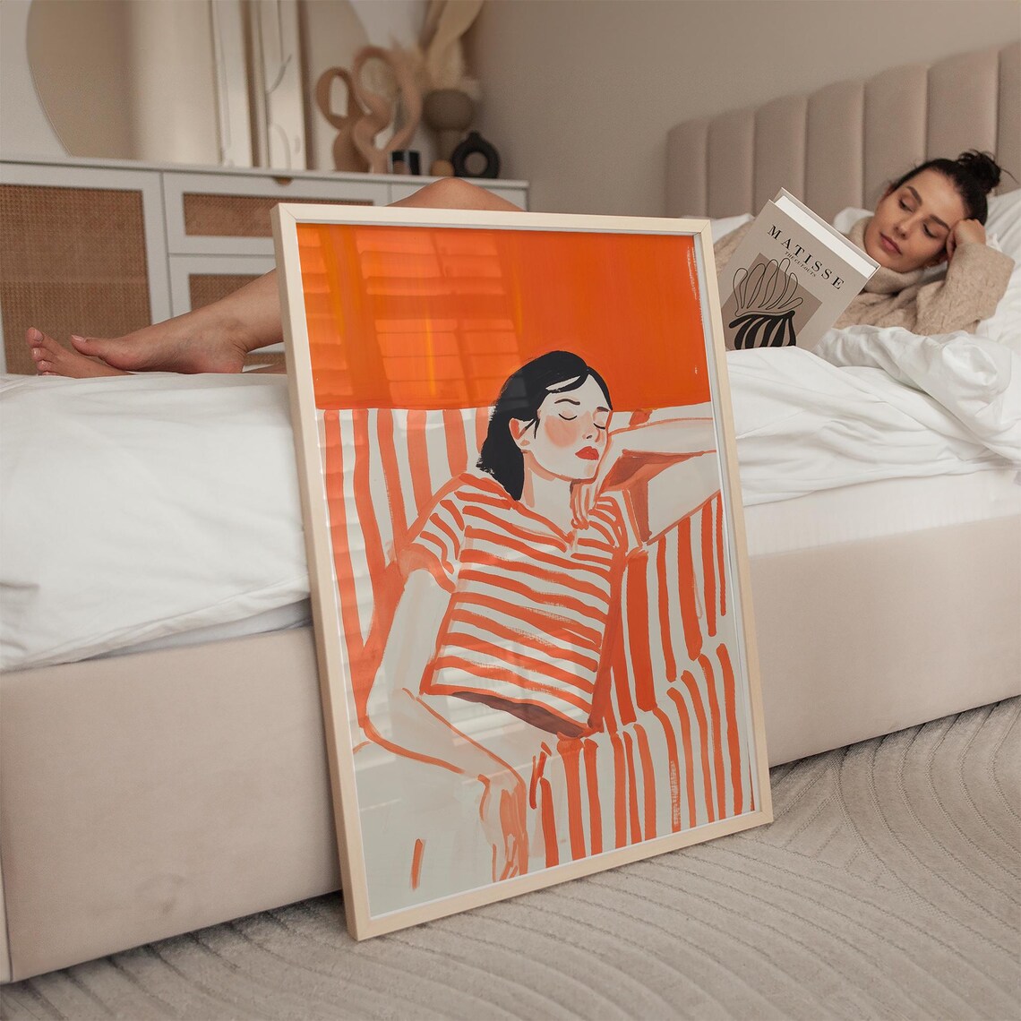 Resting Woman in Orange Striped Top Cozy Modern Abstract Poster - Image 2