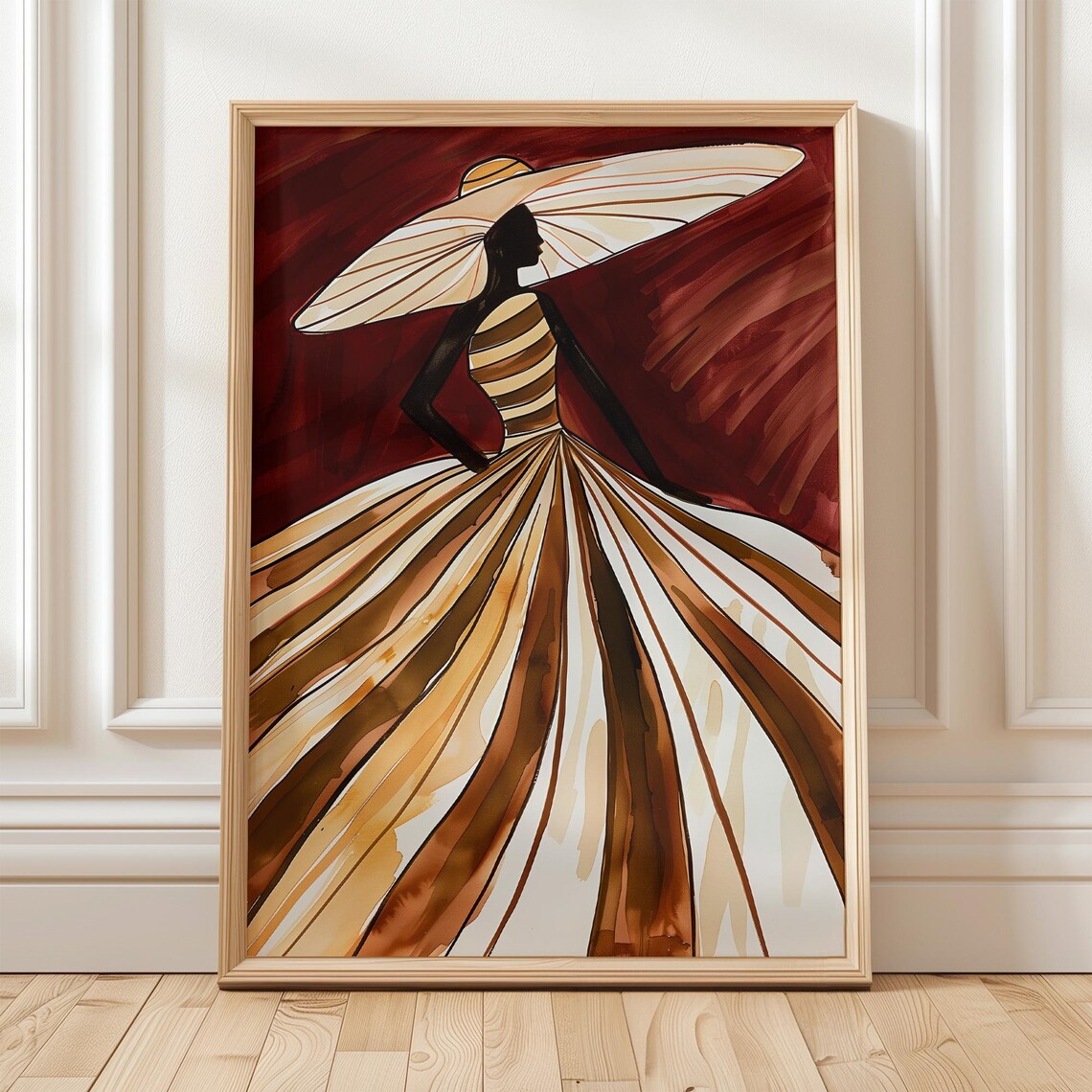 Elegant Brown Striped Gown Fashion Illustration
