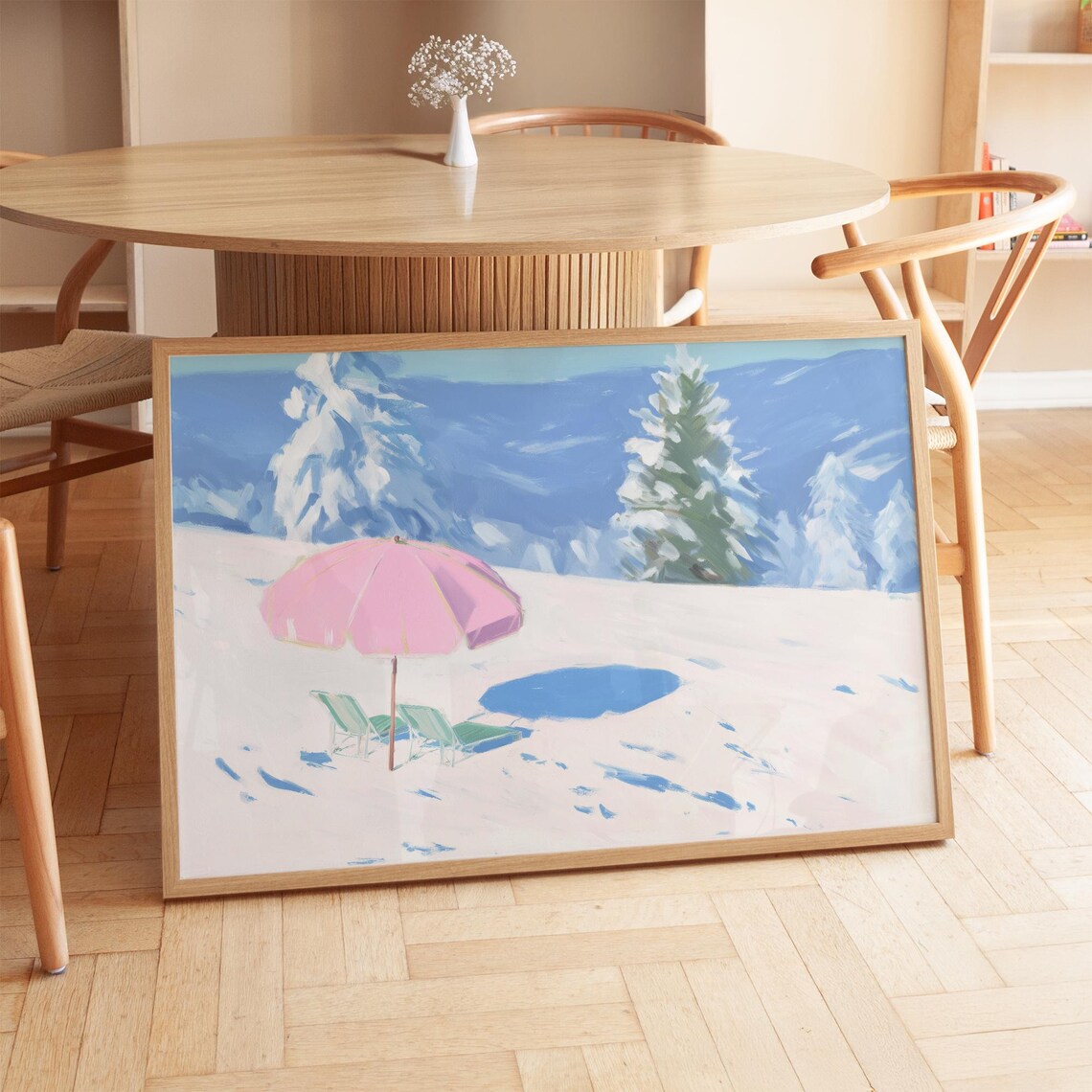 Whimsical Winter Beach Scene, Dreamy Snow Landscape Art Print
