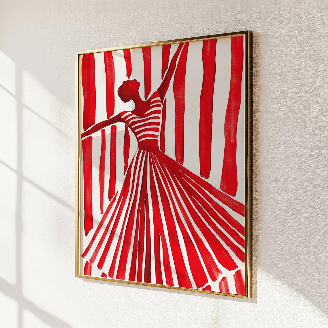 Red Silhouette Dancer With Flowing Striped Skirt Bold Art Poster - Image 4