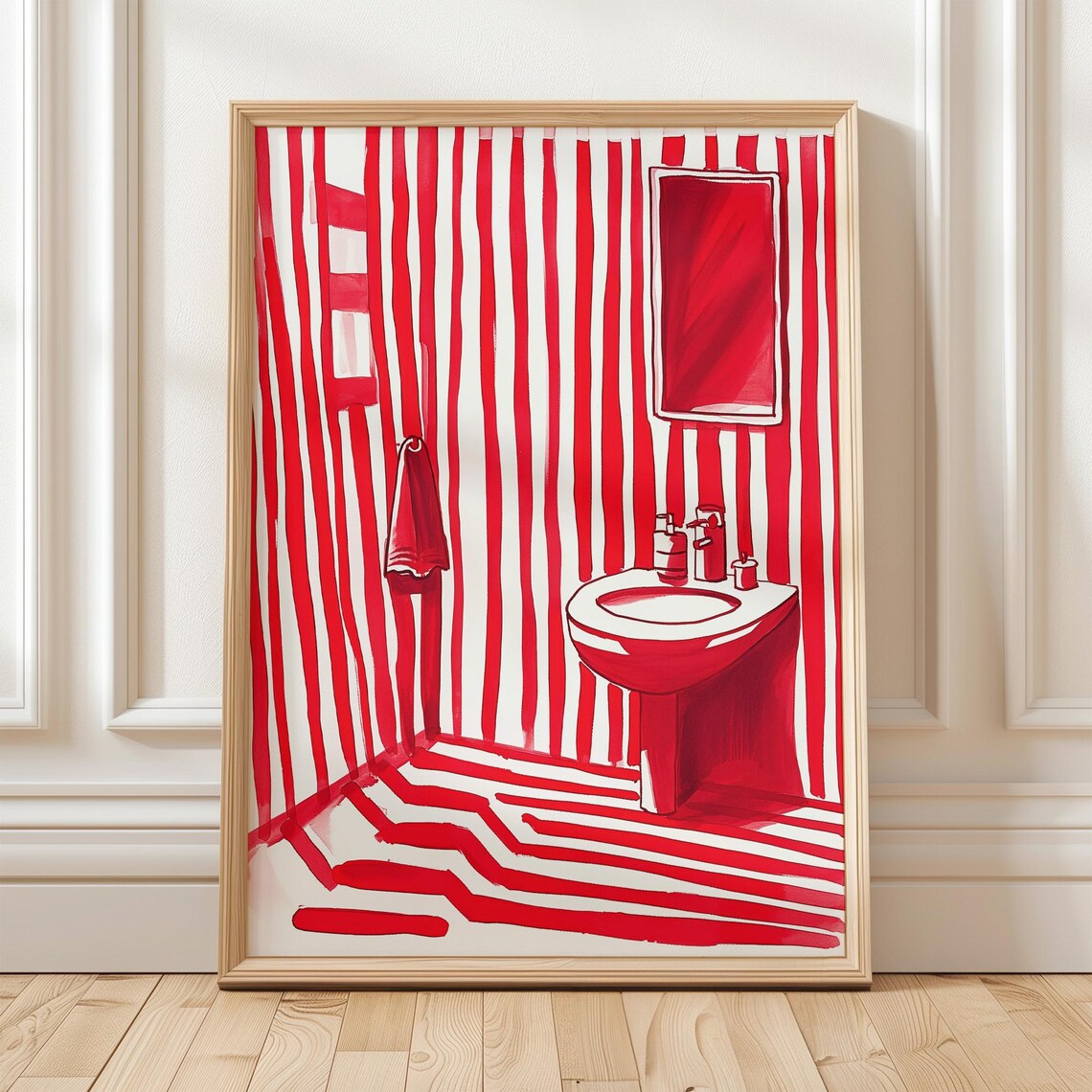 Red Striped Bathroom Art, Minimalist Abstract