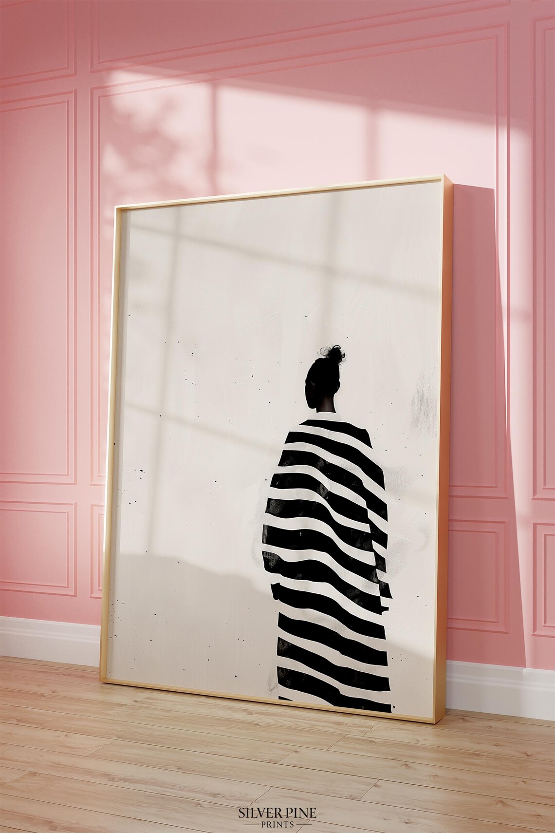 Woman from Behind in Black White Striped Dress Minimalist Poster - Image 4