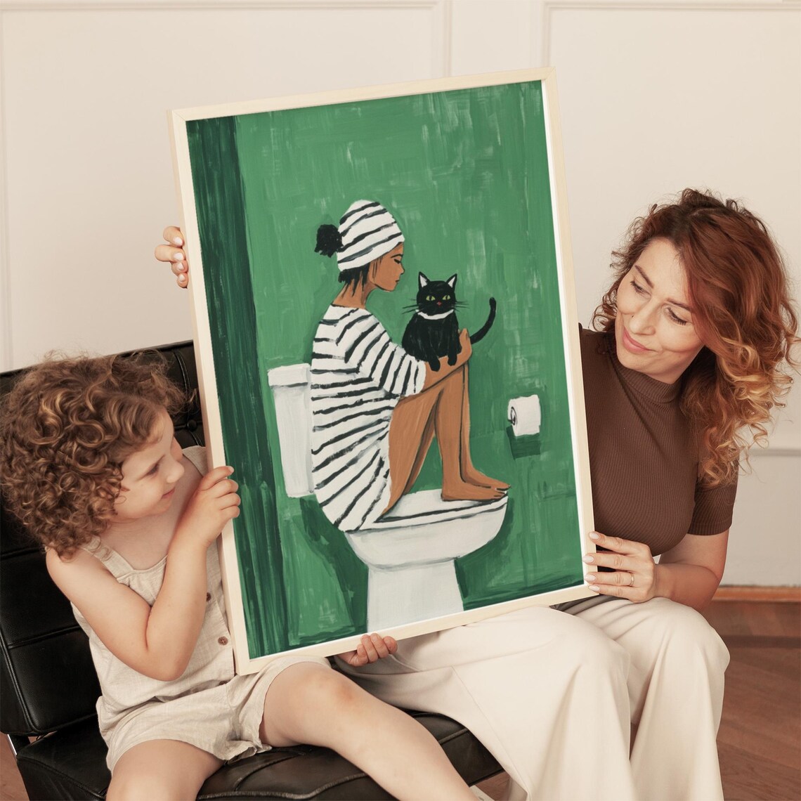 Striped Woman And Black Cat, Minimalist Bathroom Decor - Image 5