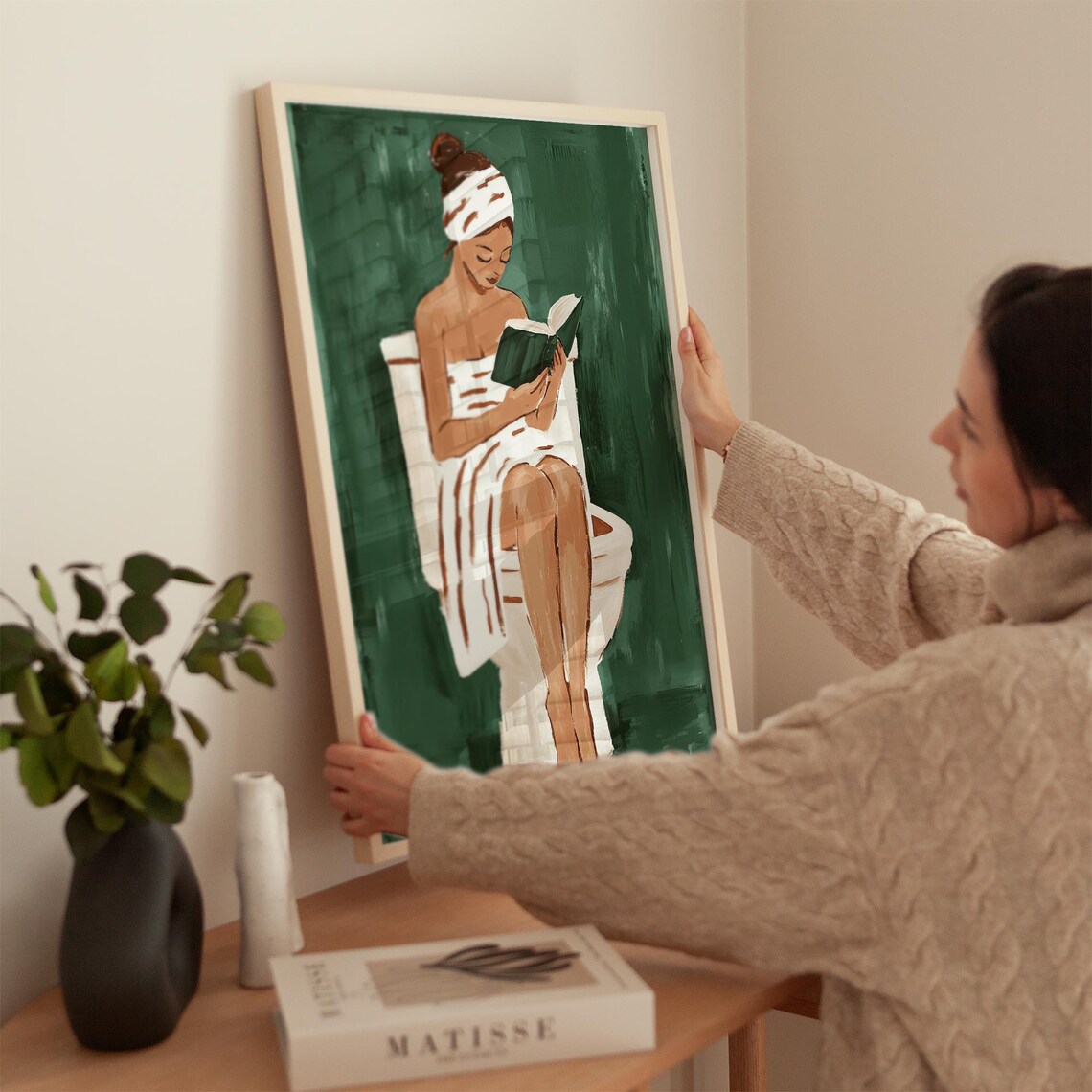 Woman With Towel Turban Reading On Toilet Emerald Wall Poster - Image 2
