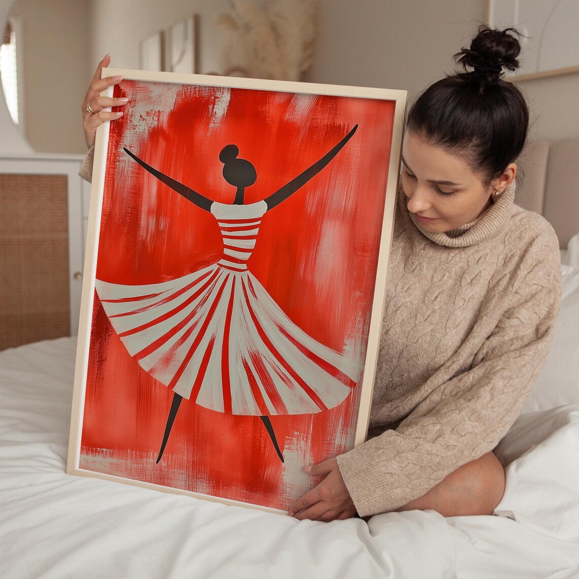 Dancing Woman In Striped Dress, Minimalist Modern Art Print - Image 3