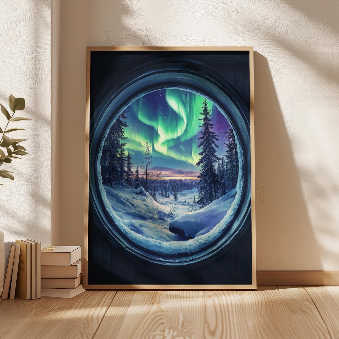 Northern Lights Window View Art Print, Arctic Winter Landscape