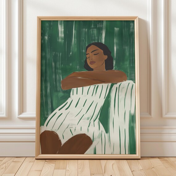 Resting Woman Portrait in Green Stripes Boho Minimalist Art Print
