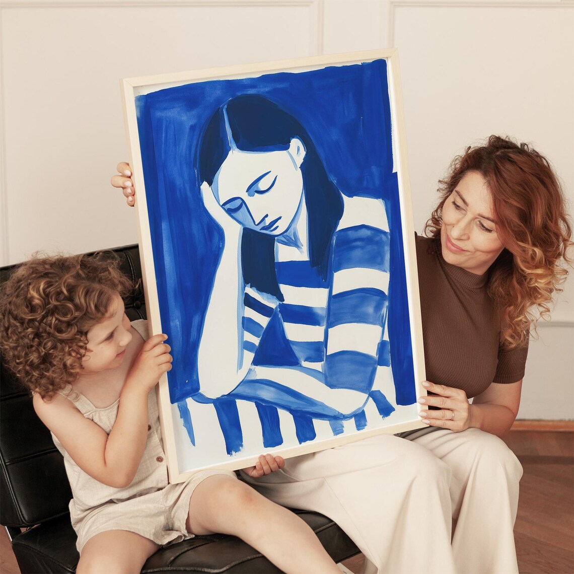 Woman In Blue Stripes Resting Head On Hand Minimalist Art Poster - Image 4