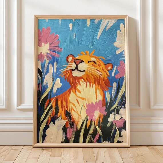 Happy Tiger Among Colorful Flowers Cheerful Impasto Style Poster