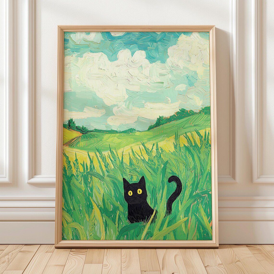 Black Cat in Green Field, Whimsical Landscape Art Print