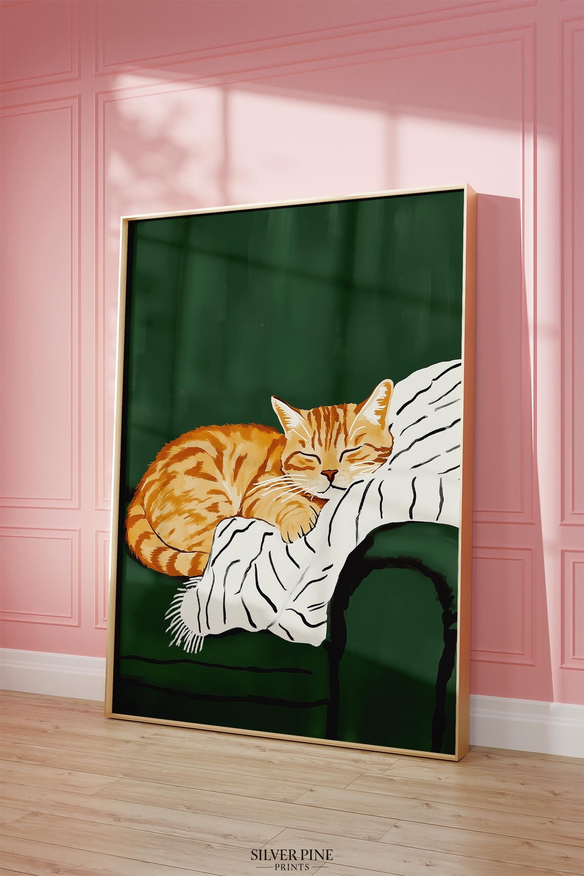 Sleeping Orange Tabby Cat on White Blanket Green Sofa Poster - Image 4