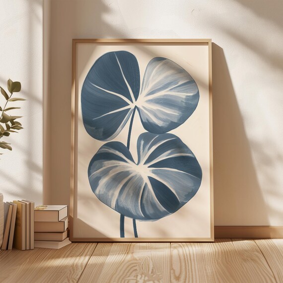 Blue Lotus Leaf Botanical Poster Navy Minimalist Floral on Cream