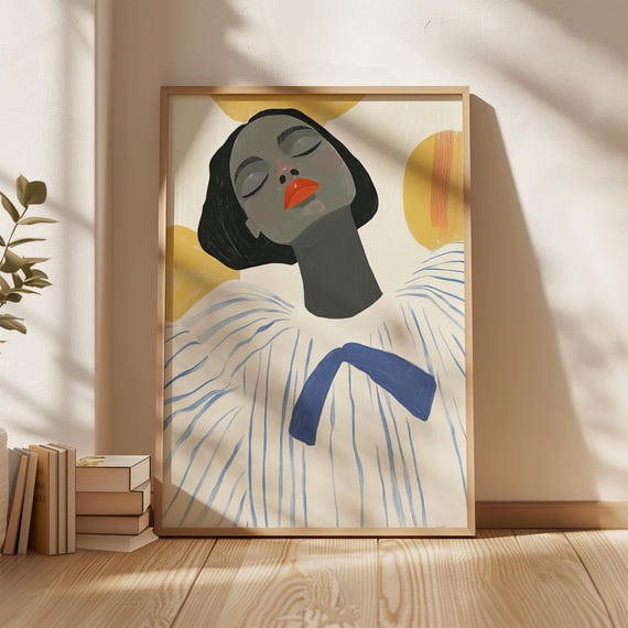 Modern Abstract Woman With Bold Red Lips Large Minimalist Art Print Vibrant Fashion Decor Instant Poster