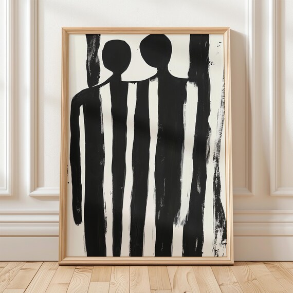 Minimalist Couple Silhouette in Black Stripe Figure Art Poster