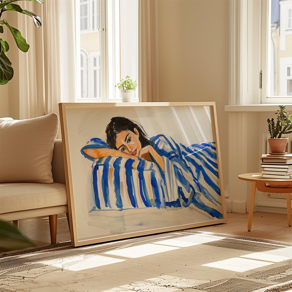 Woman Lounging Under Blue Striped Blanket Watercolor Portrait Poster - Image 4