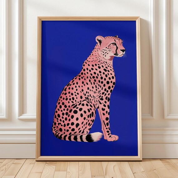 Cheetah Wall Art Print Blue Luxury Leopard Wall Art Preppy Wall Art Wild Animal Art Maximalist Wall Art