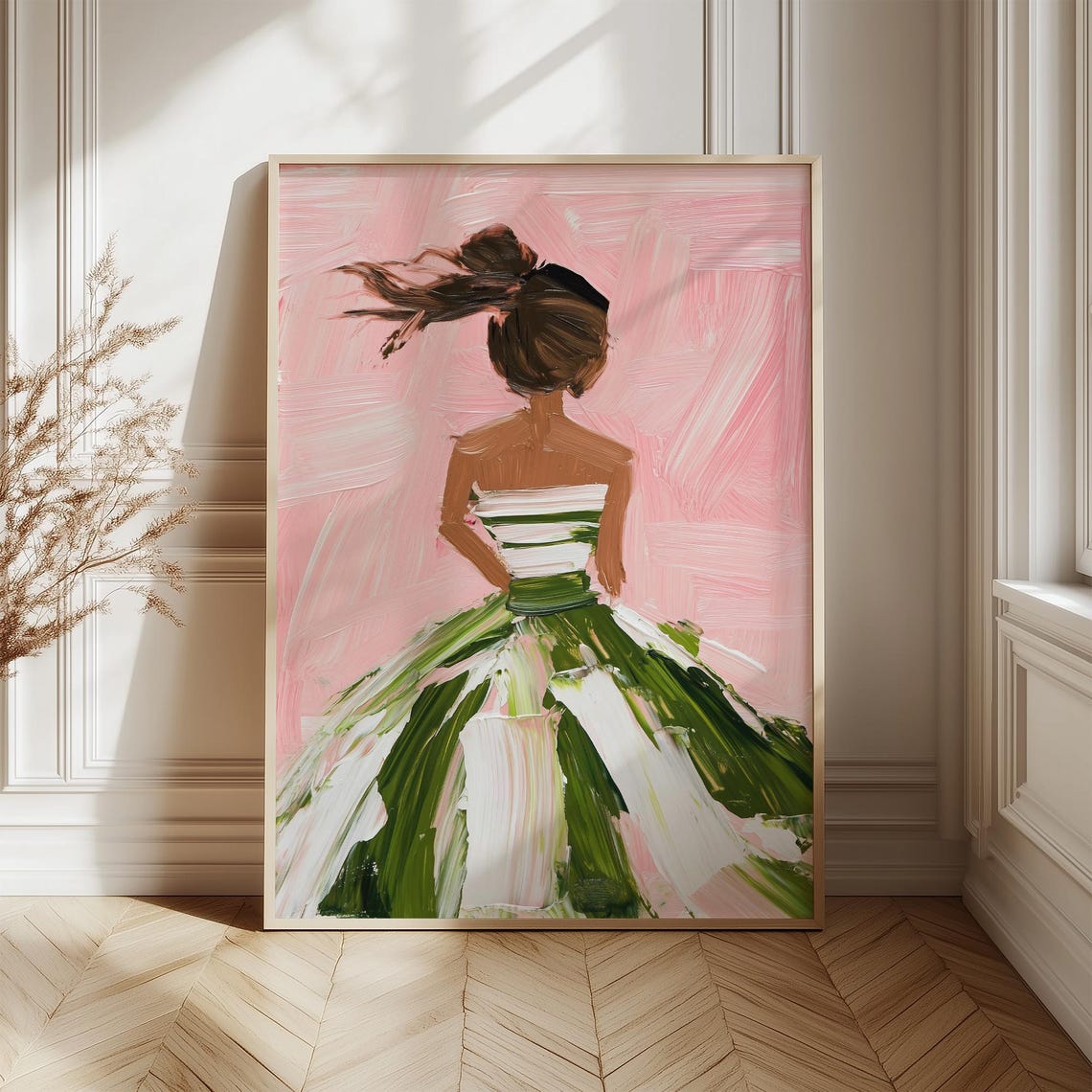 Elegant Woman in Pink and Green Dress, Modern Art Print - Image 3