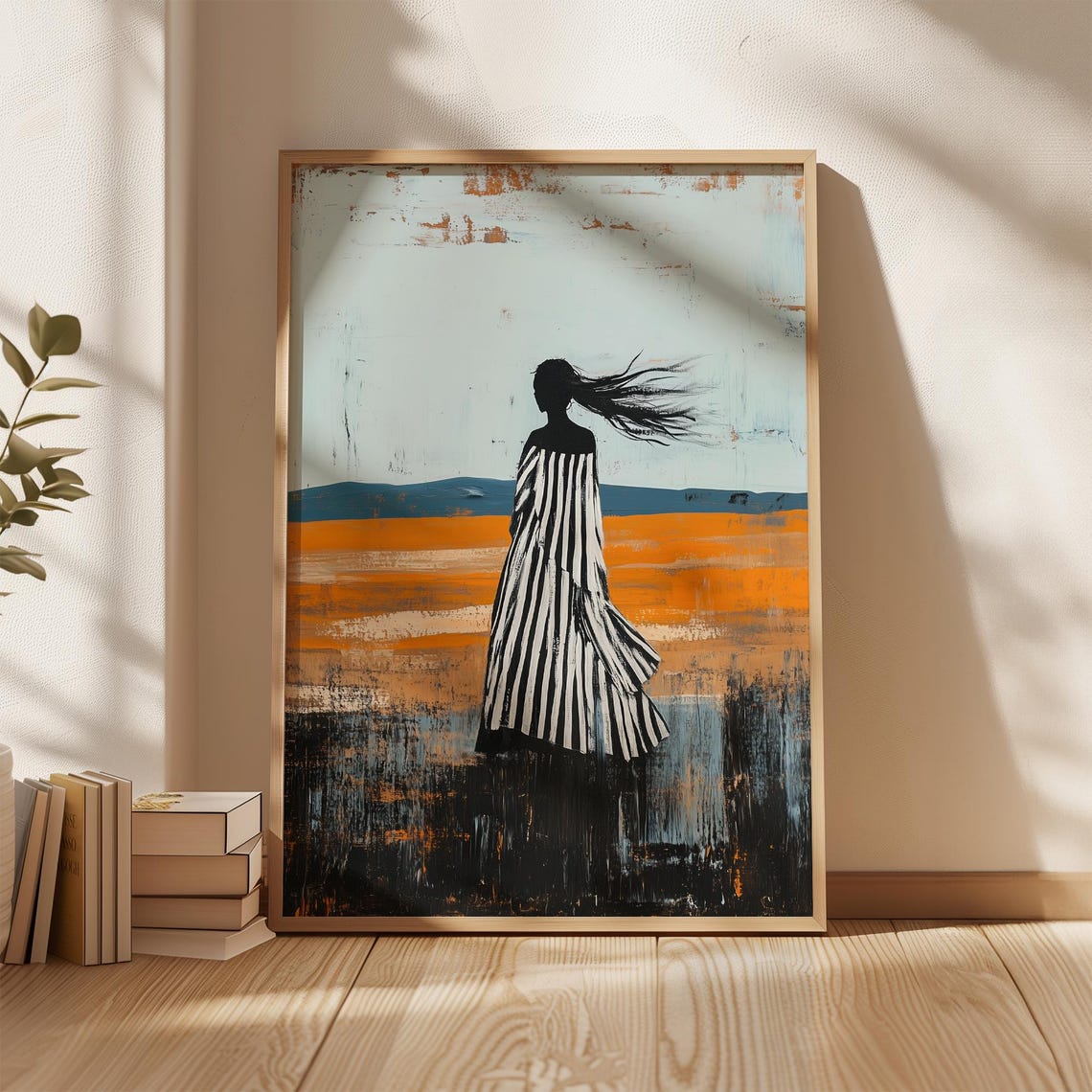 Silhouette In Striped Dress Abstract Desert Landscape Wall Art Bold Minimalist Artwork For Modern Interior Design - Image 2