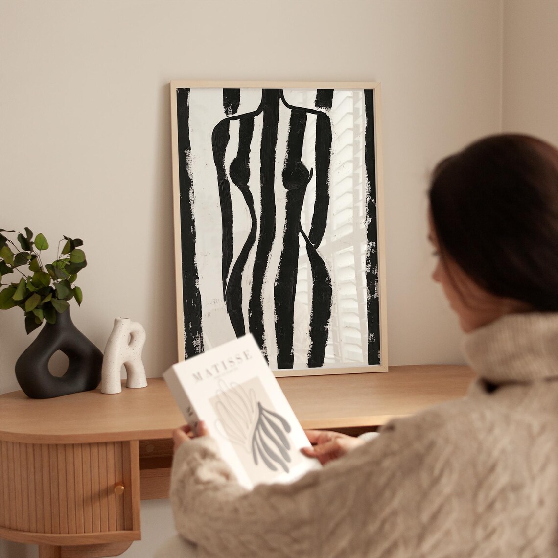 Abstract Female Torso in Black White Vertical Stripes Poster - Image 3