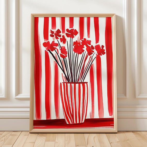 Red Striped Flower Vase Art Minimalist Wall Print Modern Floral Abstract Poster Bold Red Artwork Contemporary Home Decor