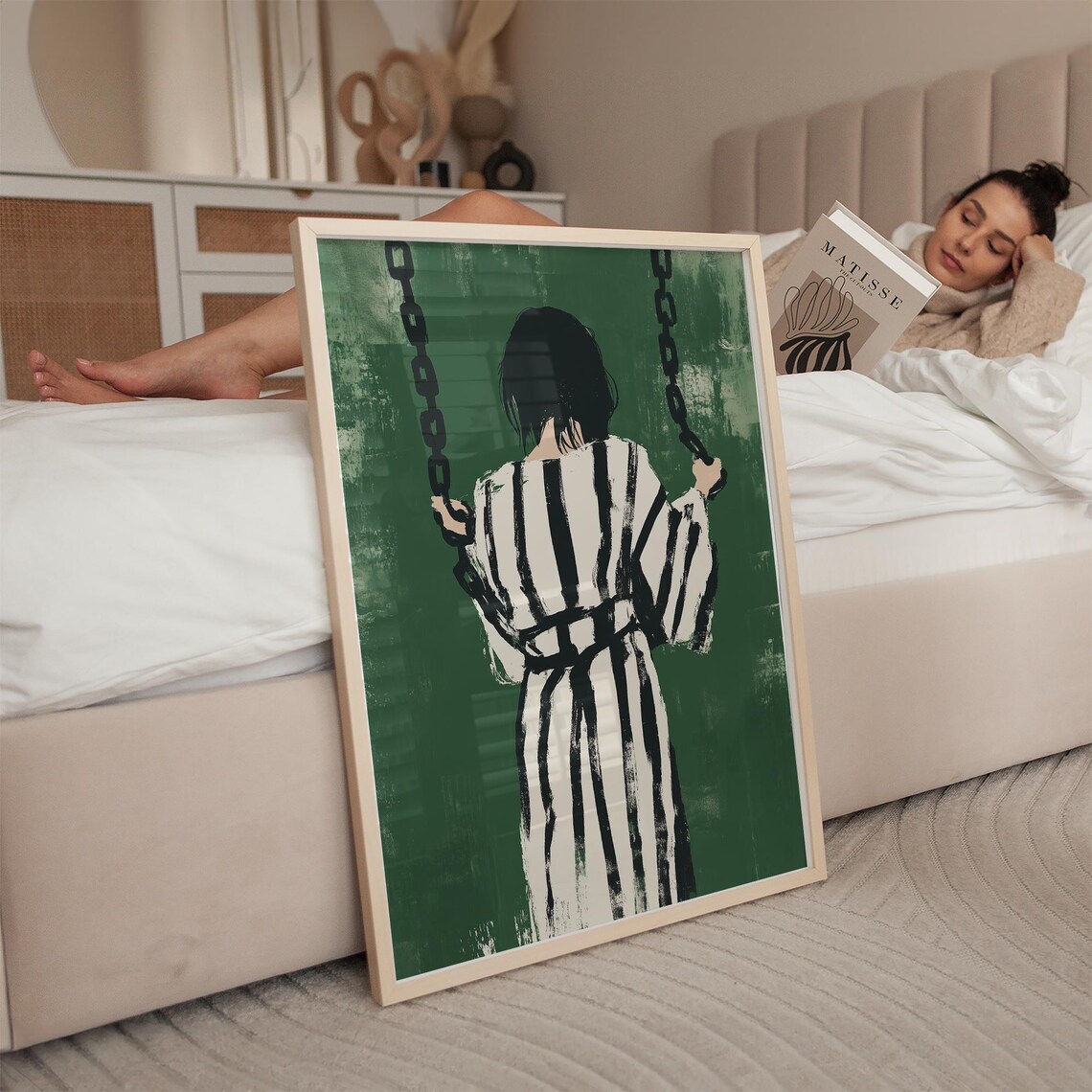Woman On Swing In Stripes Emerald Green Abstract Portrait Poster - Image 2