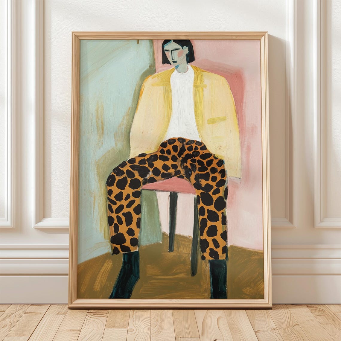 Bold Abstract Portrait With Leopard Pants Modern Wall Art Vibrant Minimalist Decor For Stylish Interiors - Image 4