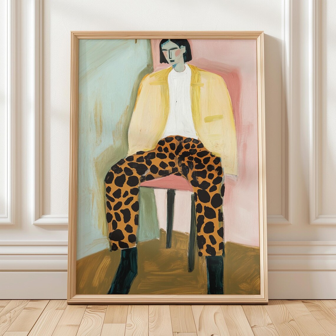 Seated Woman in Leopard Pants Yellow Jacket Fashion Art Poster - Image 4
