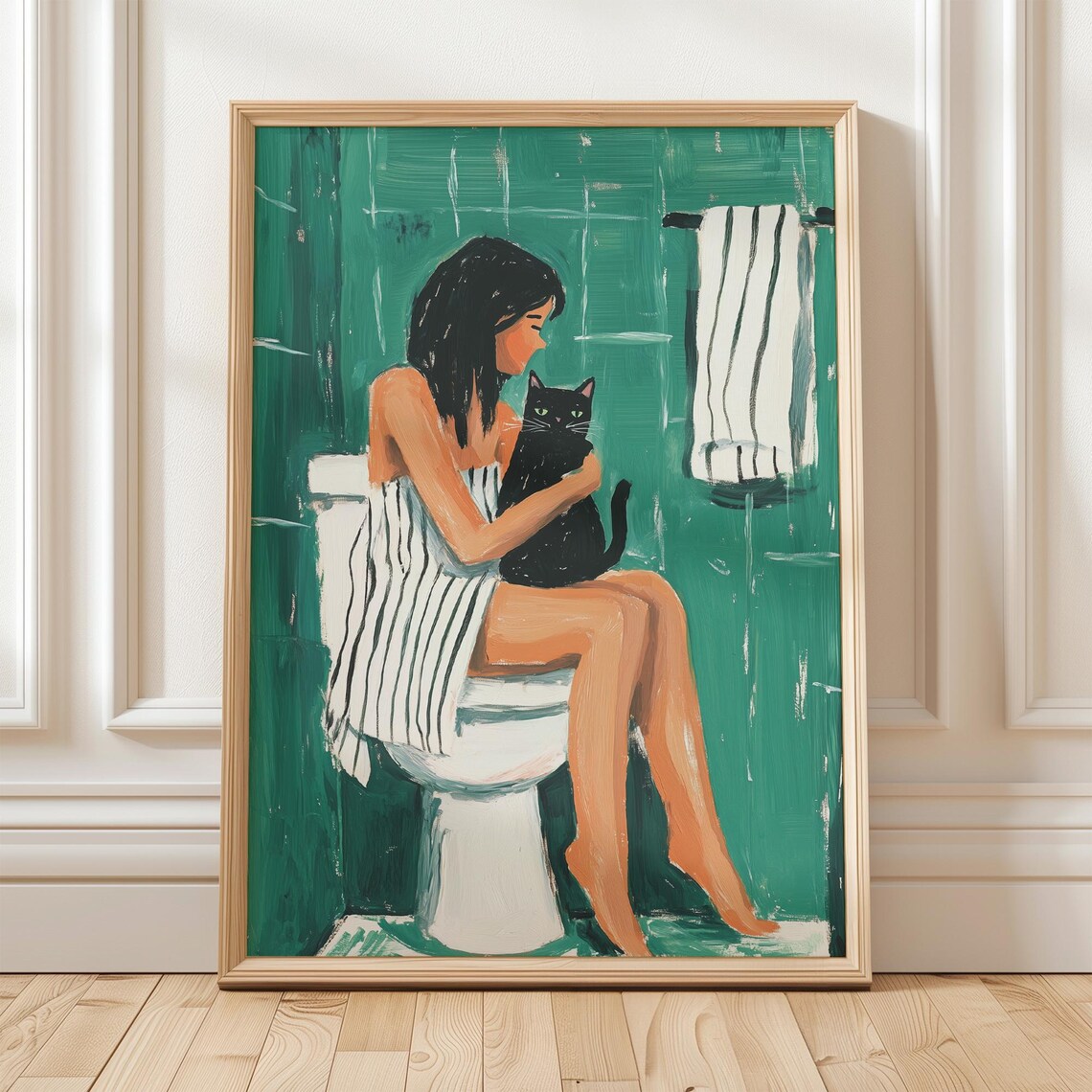 Woman Hugging Black Cat on Toilet Teal Funny Bathroom Art Poster - Image 3