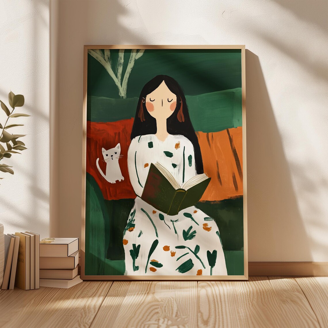 Reading Woman with White Cat Cozy Book Lover Minimalist Art Poster - Image 4