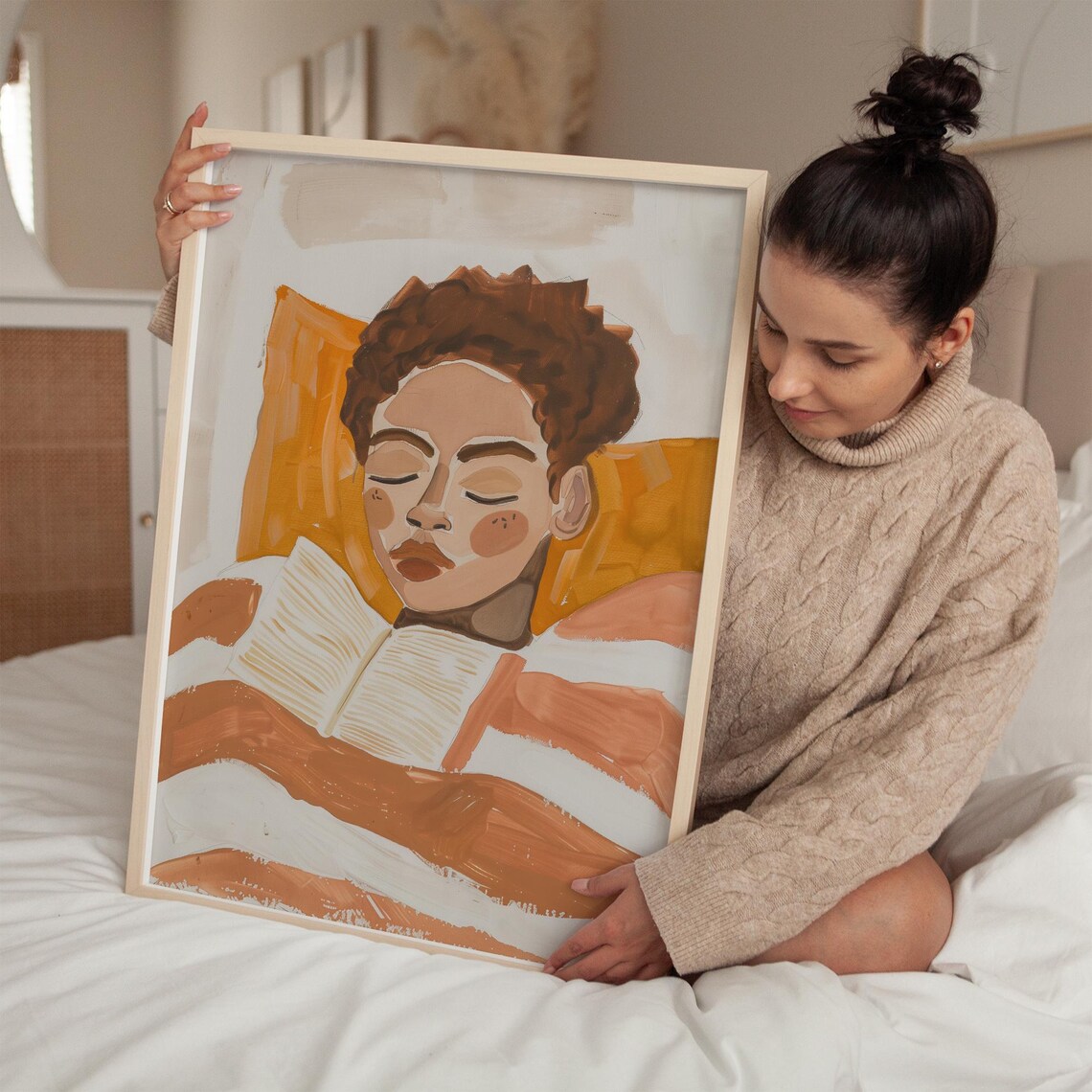 Woman Reading in Bed Warm Terracotta Striped Blanket Portrait Poster - Image 5