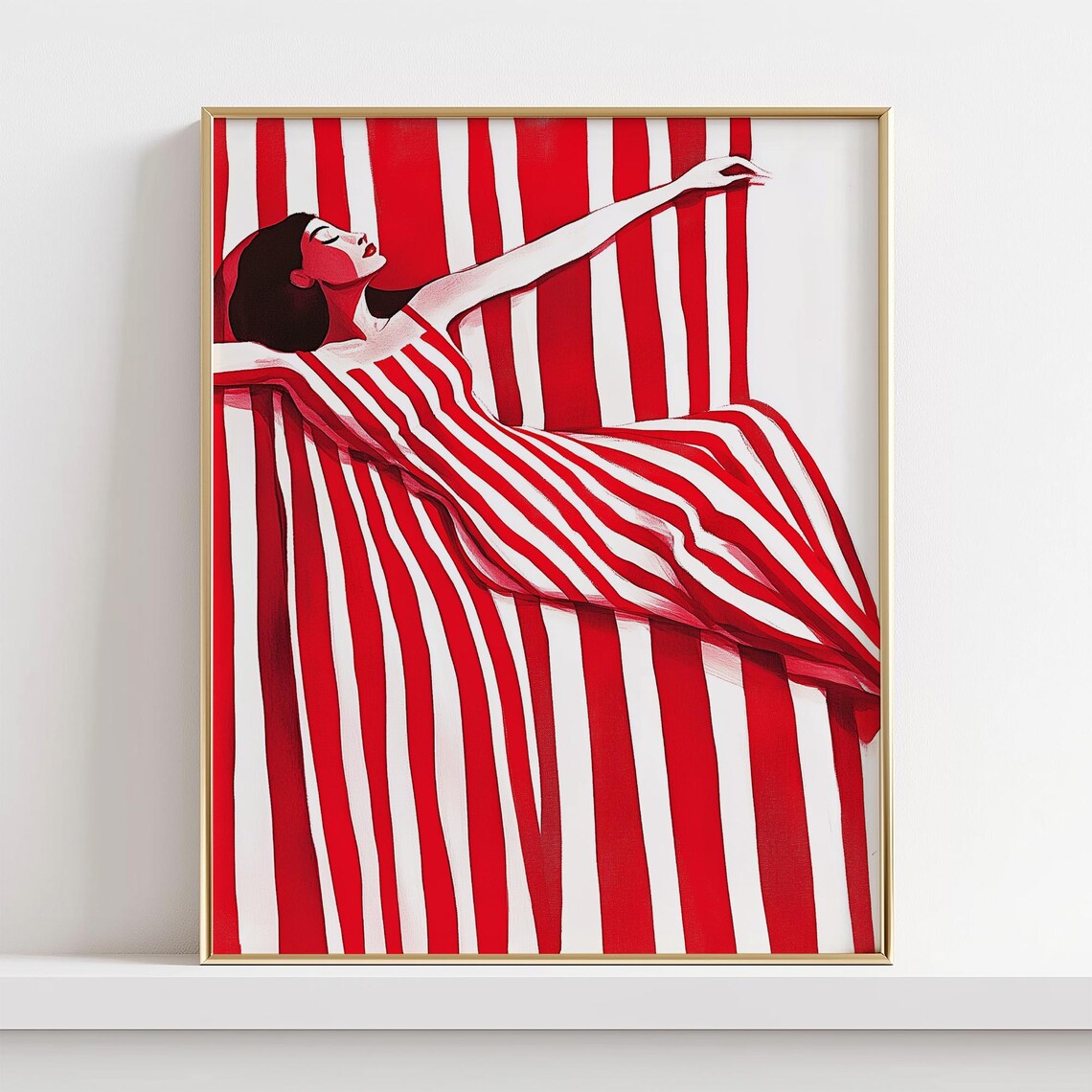 Reclining Woman in Red and White Flowing Striped Dress Poster - Image 2