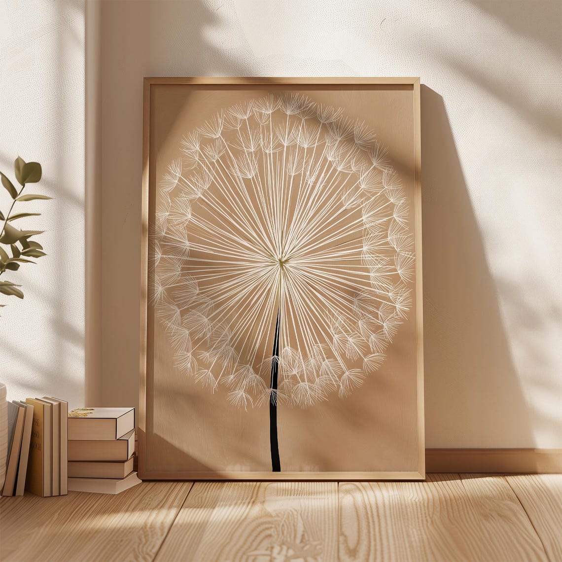White Dandelion Line Art Beige Minimalist Botanical Wall Poster