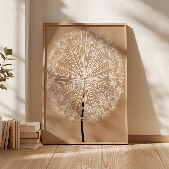 White Dandelion Line Art Beige Minimalist Botanical Wall Poster